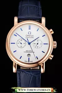 Omega Seamaster Vintage Chronograph White Dial Blue Hour Marks Rose Gold Case Blue Leather Strap En122610
