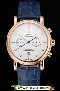 Omega Seamaster Vintage Chronograph White Dial Rose Gold Case Blue Leather Strap En122611