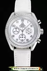 Omega Speedmaster Chronograph White Dial Diamond Case White Leather Bracelet En60347
