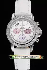 Omega De Ville Chronograph White Dial Stainless Steel Diamond Case White Leather Bracelet En119233