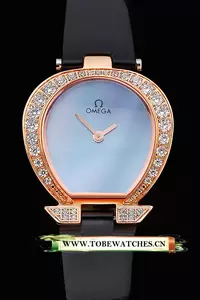 Omega Ladies Watch Blue Dial Gold Case With Diamonds Black Leather Strap En120771