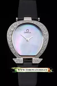 Omega Ladies Watch Pearl Dial Stainless Steel Case With Diamonds Black Leather Strap En120772