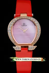 Omega Ladies Watch Pink Dial Gold Case With Diamonds Red Leather Strap En120774