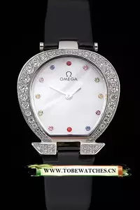 Omega Ladies Watch White Dial With Jewels Stainless Steel Case With Diamonds Case White Leather Strap En120786
