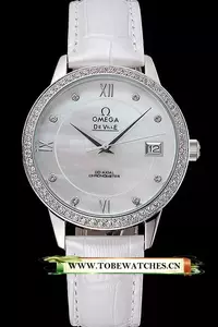 Omega Deville Prestige Co Axial Diamond Silver Case Mother Of Pearl Dial White Leather Strap En121384