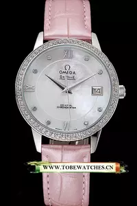 Omega Deville Prestige Co Axial Diamond Silver Case Mother Of Pearl Dial Pink Leather Strap En121385