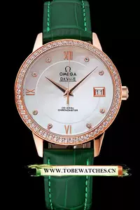 Omega Deville Prestige Co Axial Diamond Gold Case Mother Of Pearl Dial Green Leather Strap En121389