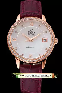 Omega Deville Prestige Co Axial Diamond Gold Case Mother Of Pearl Dial Purple Leather Strap En121390