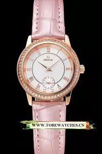 Omega De Ville Prestige Small Seconds White Dial Diamond Bezel Rose Gold Case Pink Leather Strap En123371