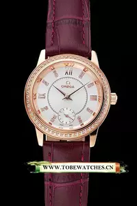 Omega De Ville Prestige Small Seconds White Dial Diamond Bezel Rose Gold Case Purple Leather Strap En123373