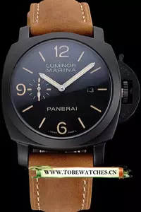 Panerai Luminor Marina Black Dial Matte Black Steel Case Brown Suede Leather Strap En121406