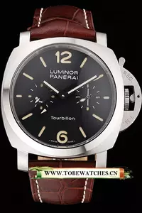 Panerai Luminor 1950 Tourbillon Gmt Black Dial Stainless Steel Case Brown Leather Strap En122051