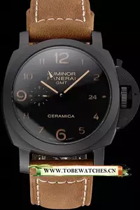 Panerai Luminor Gmt Ceraica Black Dial Black Case Brown Leather Strap En122101