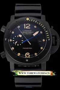 Panerai Luminor Submersible Flyback Date Black Dial Yellow Markings Black Ionized Case Black Rubber Strap En122229