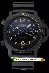Panerai Luminor Submersible Flyback Gmt Black Dial Yellow Markings Black Ionized Case Black Rubber Strap En122230