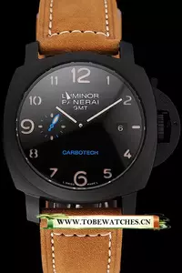 Panerai Luminor Gmt Carbotech Black Dial Black Case Brown Leather Strap En123411