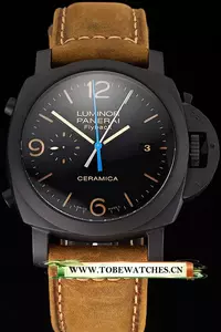 Panerai Luminor Ceramica Flyback Black Dial Black Case Brown Leather Strap En123415