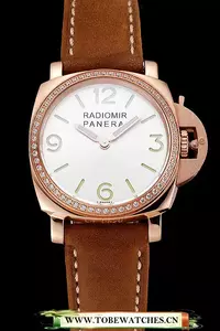 Panerai Radiomir White Dial Diamond Bezel Rose Gold Case Brown Suede Leather Strap En123904