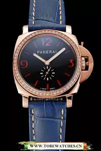 Panerai Radiomir Black Dial Diamond Bezel Rose Gold Case Blue Leather Strap En123905