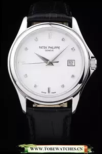 Patek Philippe Geneve Calatrava Crystal Studded Hour Marker White Dial Black Leather Strap En58230