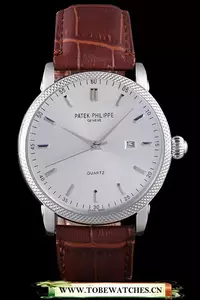 Patek Philipe Calatrava Stainless Steel Ribbed Bezel Brown Leather Bracelet En59422