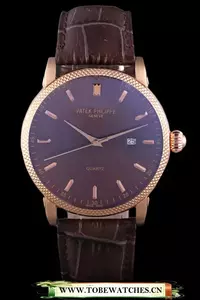 Patek Philipe Calatrava Roze Gold Ribbed Bezel Brown Leather Bracelet En59426