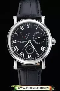 Patek Philippe Geneve Complications Black Dial Stainless Steel Bezel Black Leather Band En60040