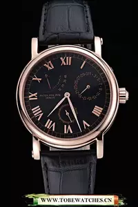 Patek Philippe Geneve Complications Black Dial Rose Gold Bezel Black Leather Band En60042