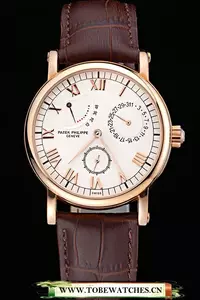 Patek Philippe Geneve Complications White Dial Rose Gold Bezel Brown Leather Band En60043