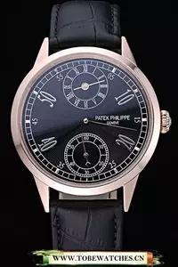 Patek Philippe Geneve Two Dial Black Dial Rose Gold Bezel Black Leather Band En60045