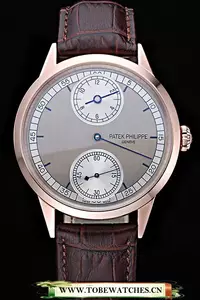 Patek Philippe Geneve Two Dial Gray Dial Rose Gold Bezel Brown Leather Band En60047