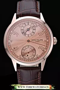 Patek Philippe Geneve Two Dial Rose Dial Rose Gold Bezel Brown Leather Band En60048