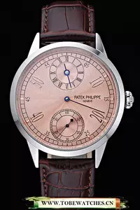 Patek Philippe Geneve Two Dial Rose Dial Stainless Steel Brown Leather Band En60049