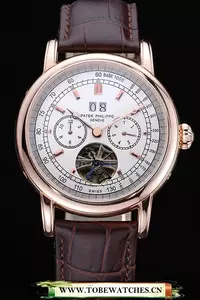 Patek Philippe Geneve Grand Complications White Dial Tourbillon Rose Gold Bezel Brown Band En60054