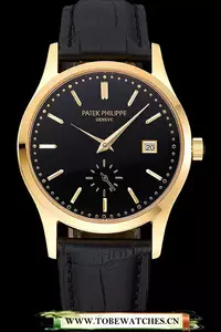 Patek Philippe Calatrava Black Dial Gold Case Black Leather Strap En120806