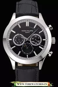 Patek Philippe Moonphase Black Dial Stainless Steel Case Black Leather Strap En120815