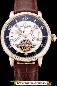Patek Philippe Classic Tourbillon Power Reserve Black And White Dial Rose Gold Case Brown Leather Strap En121076