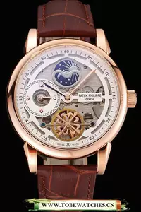 Patek Philippe Dual Time Moonphase Tourbillon White Skeletonised Dial Rose Gold Case Brown Leather Strap En121080