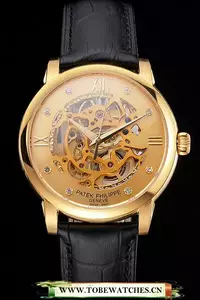 Patek Philippe Complications Openworked Dial Gold Case Black Leather Strap En121999