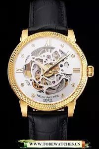 Patek Philippe Complications Openworked Dial Gold Case Fluted Bezel Black Leather Strap En122001