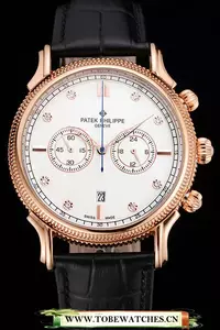 Patek Philippe Chronograph White Dial With Diamonds Rose Gold Case Black Leather Strap En122962