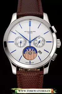 Patek Philippe Chronograph White Dial Blue Hands Stainless Steel Case Brown Leather Strap En123384