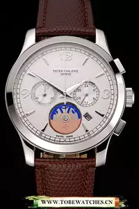 Patek Philippe Chronograph White Guilloche Dial Stainless Steel Case Brown Leather Strap En123387
