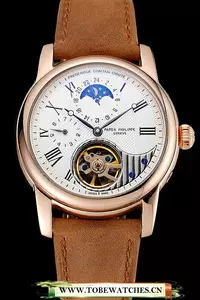 Patek Philippe Grand Complications Gmt Moonphase Tourbillon White Dial Rose Gold Case Brown Suede Leather Strap En123924