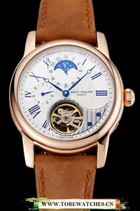 Patek Philippe Grand Complications Gmt Moonphase Tourbillon White Dial Blue Numerals Rose Gold Case Brown Suede Leather Strap En123925
