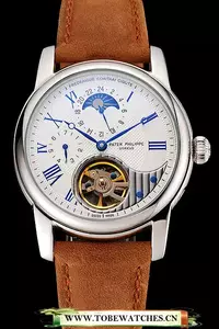 Patek Philippe Grand Complications Gmt Moonphase Tourbillon White Dial Blue Numerals Stainless Steel Case Brown Suede Leather Strap En123928