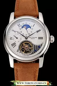 Patek Philippe Grand Complications Gmt Moonphase Tourbillon White Dial Stainless Steel Case Brown Suede Leather Strap En123929