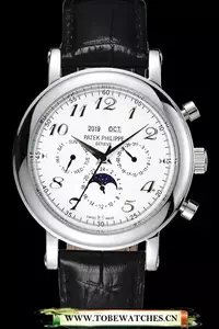 Patek Philippe Grand Complications Moon Phase White Dial Black Leather Bracelet En59082