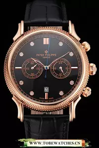 Patek Philippe Chronograph Black Dial With Diamonds Rose Gold Case Black Leather Strap En122959