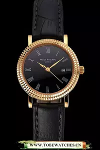 Patek Philippe Calatrava Black Dial Roman Numerals Double Ribbed Bezel Gold Case Black Leather Strap En122471